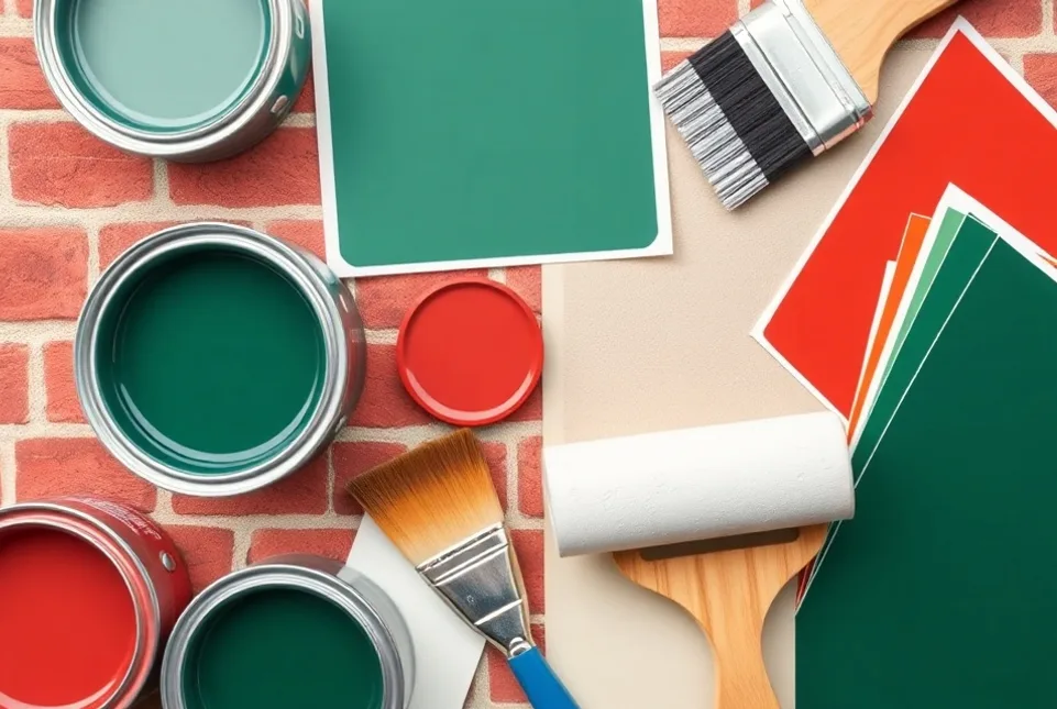 Pots de peinture, nuancier, brosses et rouleaux disposés à plat