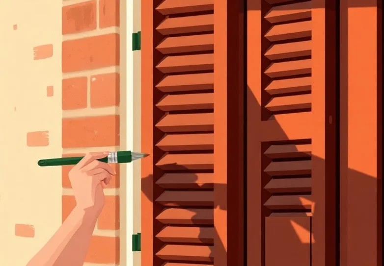 Mise en peinture au pinceau de volets et d'encadrements en bois