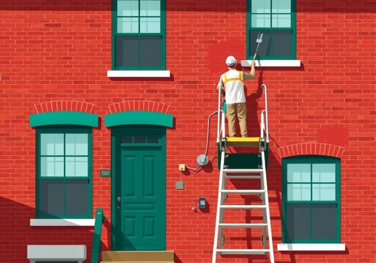Peintre sur échafaudage traitant la façade d'une maison